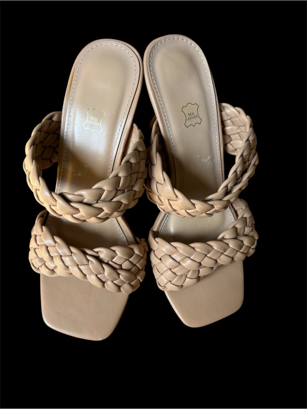 Leather Braided Double-Strap Women’s Slide Sandals in Beige